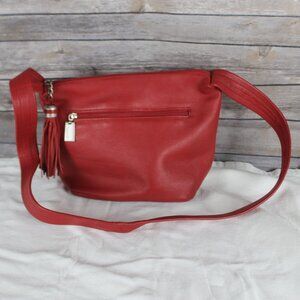 Tignanello Red Pebbled Leather Purse Shoulder Tote Bag Zippered Pockets Tassel